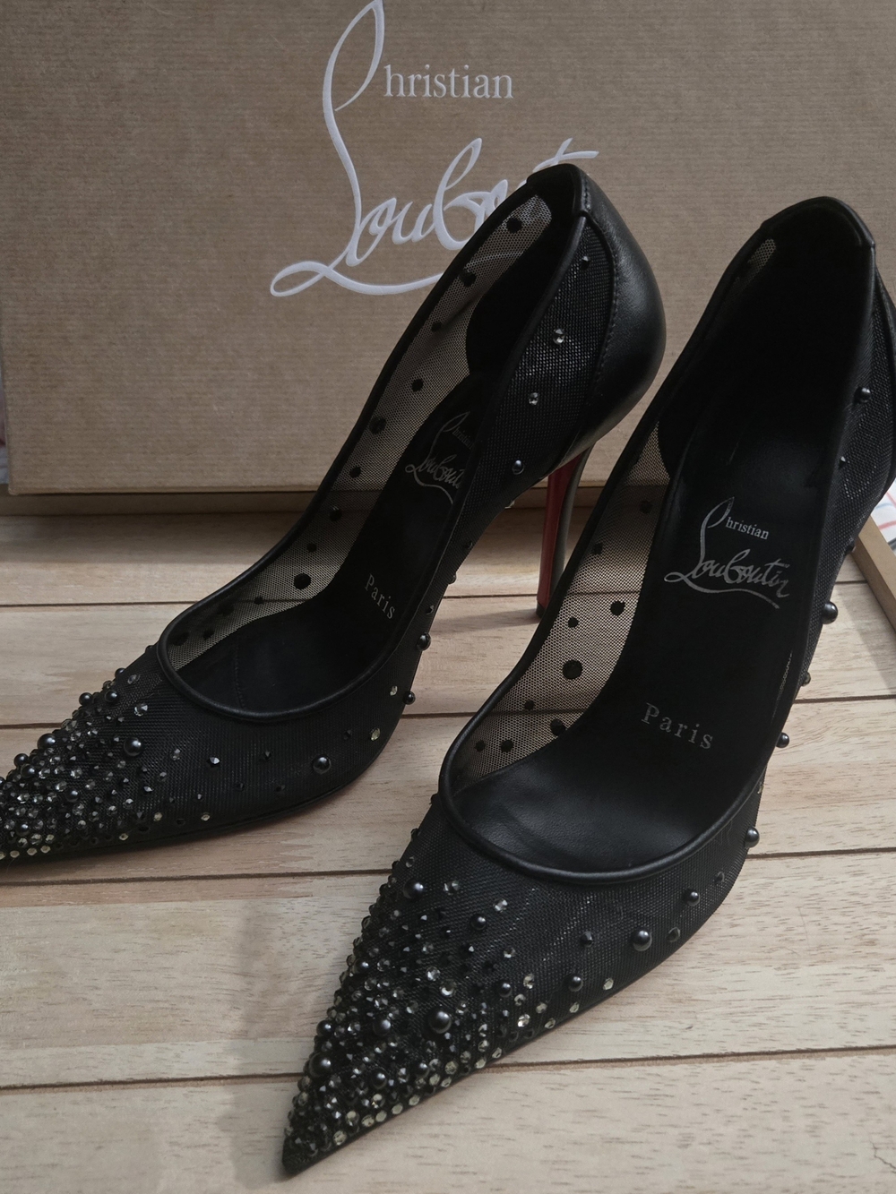 Christian Louboutin Black Crystal Mesh Pointed Toe Pumps